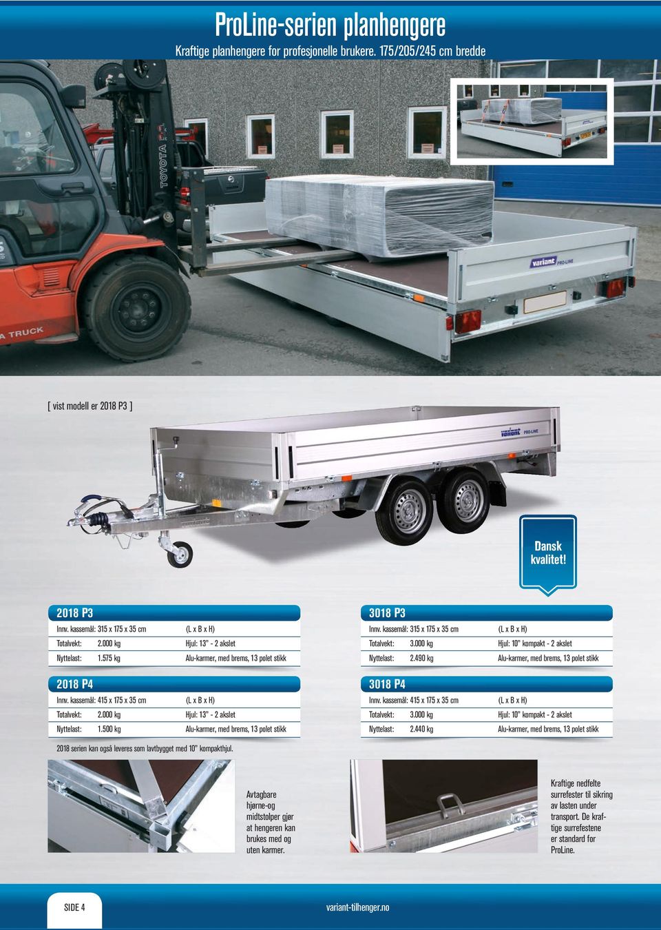 kassemål: 415 x 175 x 35 cm Innv. kassemål: 415 x 175 x 35 cm 2.000 kg 3.000 kg Hjul: 10 kompakt - 2 akslet 1.500 kg -karmer, med brems, 13 polet stikk 2.