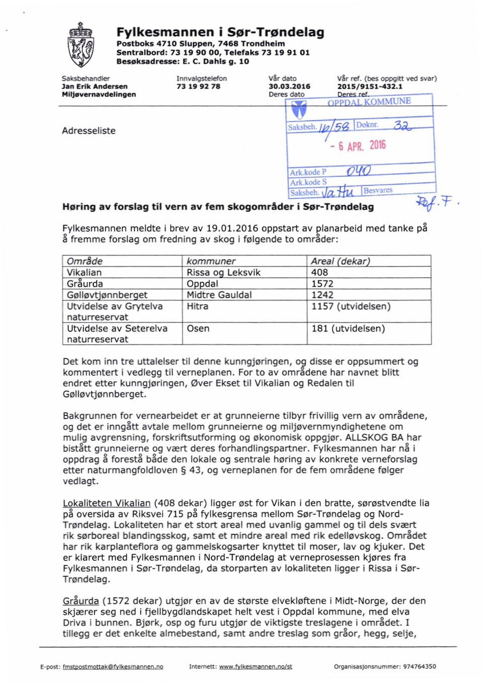 1 Deres dato PP1) L KOM Alk km, \ 1114 Høring av forslag til vern av fem skogområder i Ser-Trøndelag Fylkesmannen meldte i brev av 19.01.