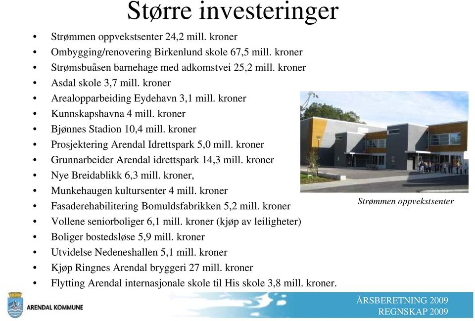 kroner Grunnarbeider Arendal idrettspark 14,3 mill. kroner Nye Breidablikk 6,3 mill. kroner, Munkehaugen kultursenter 4 mill. kroner Fasaderehabilitering Bomuldsfabrikken 5,2 mill.