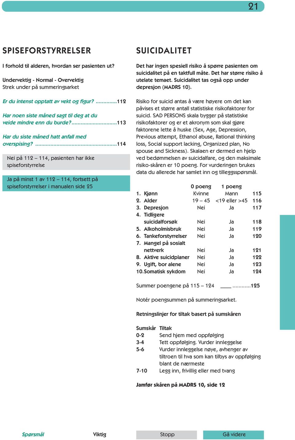 ...114 Nei på 112 114, pasienten har ikke spiseforstyrrelse Ja på minst 1 av 112 114, fortsett på spiseforstyrrelser i manualen side 25 SUICIDALITET Det har ingen spesiell risiko å spørre pasienten