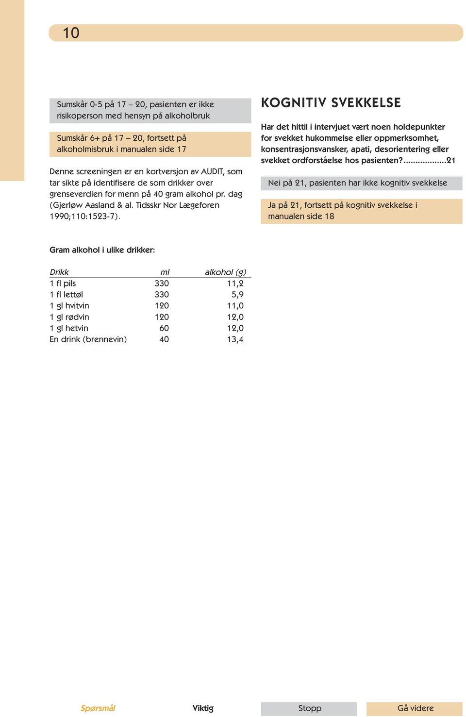 KOGNITIV SVEKKELSE Har det hittil i intervjuet vært noen holdepunkter for svekket hukommelse eller oppmerksomhet, konsentrasjonsvansker, apati, desorientering eller svekket ordforståelse hos