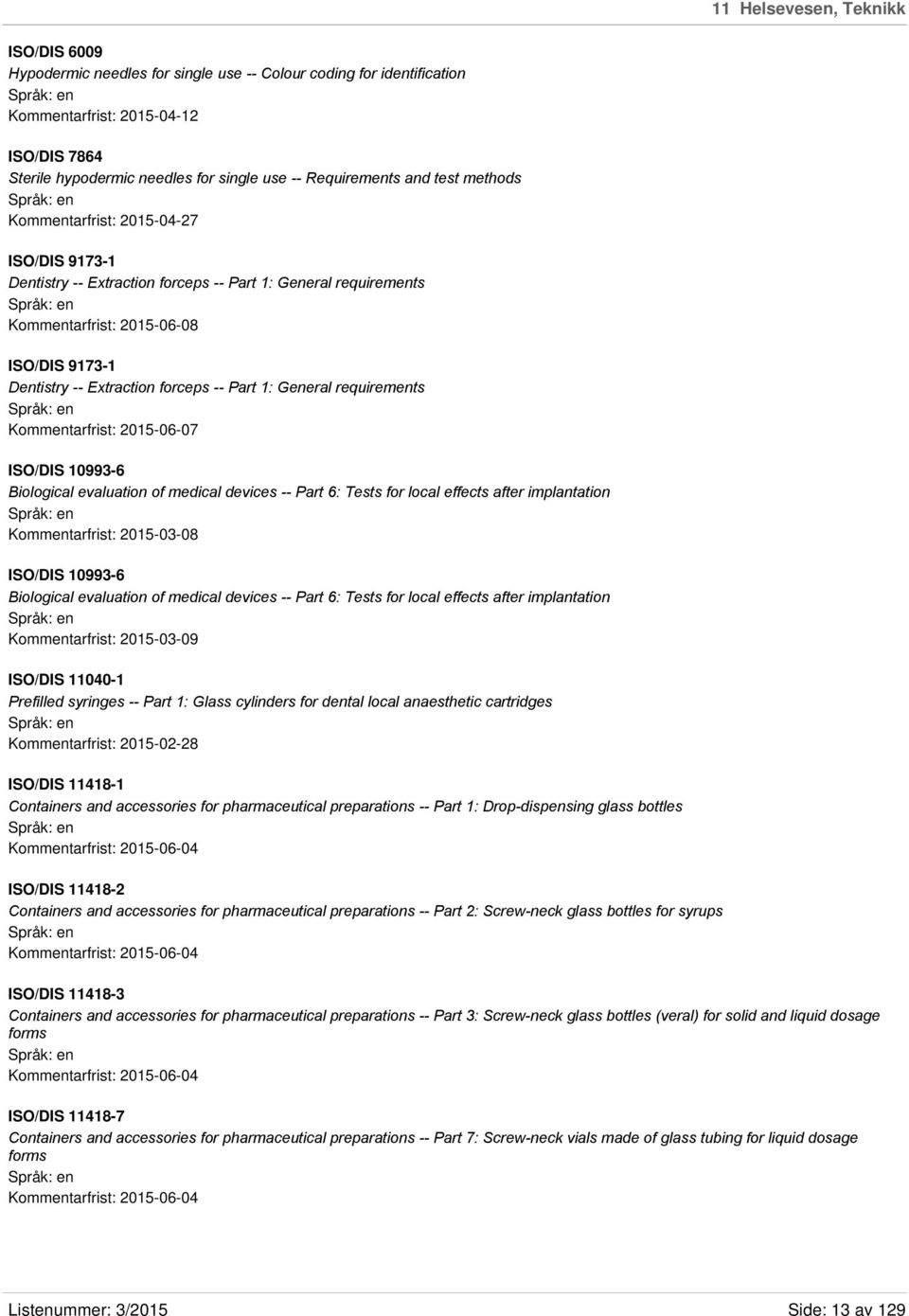 Extraction forceps -- Part 1: General requirements Kommentarfrist: 2015-06-07 ISO/DIS 10993-6 Biological evaluation of medical devices -- Part 6: Tests for local effects after implantation