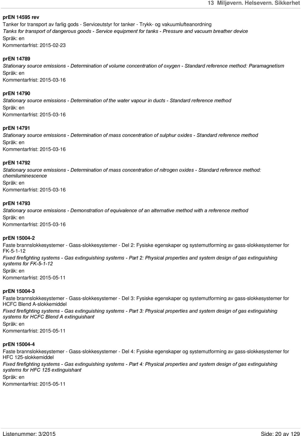 Pressure and vacuum breather device Kommentarfrist: 2015-02-23 pren 14789 Stationary source emissions - Determination of volume concentration of oxygen - Standard reference method: Paramagnetism