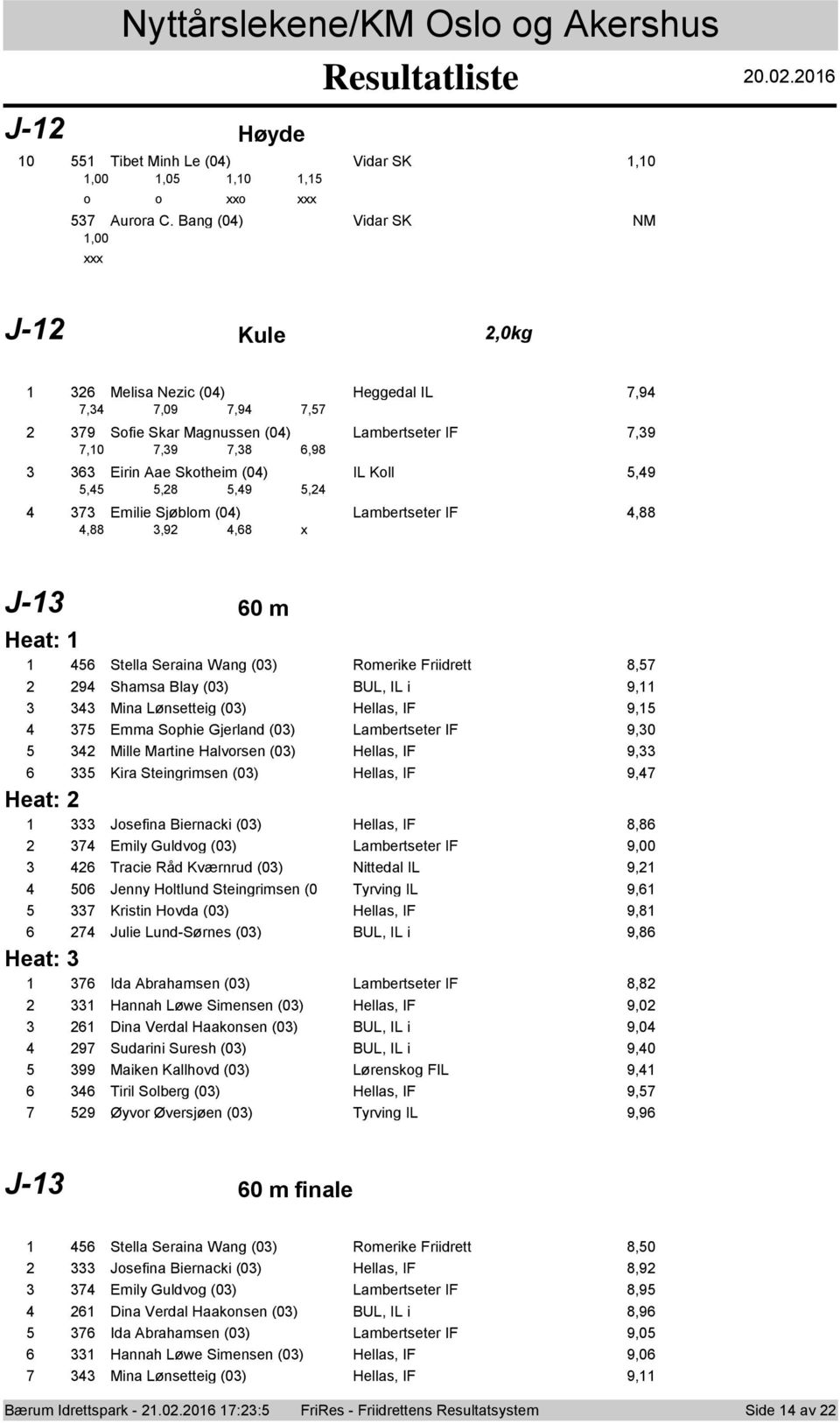 m Heat: Stella Seraina Wang (0) Rmerike Friidrett, Shamsa Blay (0) BUL, IL i, Mina Lønsetteig (0) Hellas, IF, Emma Sphie Gjerland (0) Lambertseter IF,0 Mille Martine Halvrsen (0) Hellas, IF, Kira