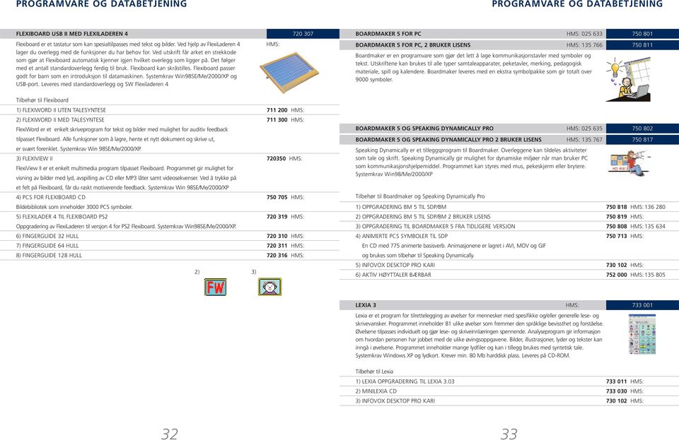 Det følger med et antall standardoverlegg ferdig til bruk. Flexiboard kan skråstilles. Flexiboard passer godt for barn som en introduksjon til datamaskinen. Systemkrav Win98SE/Me/2000/XP og USB-port.