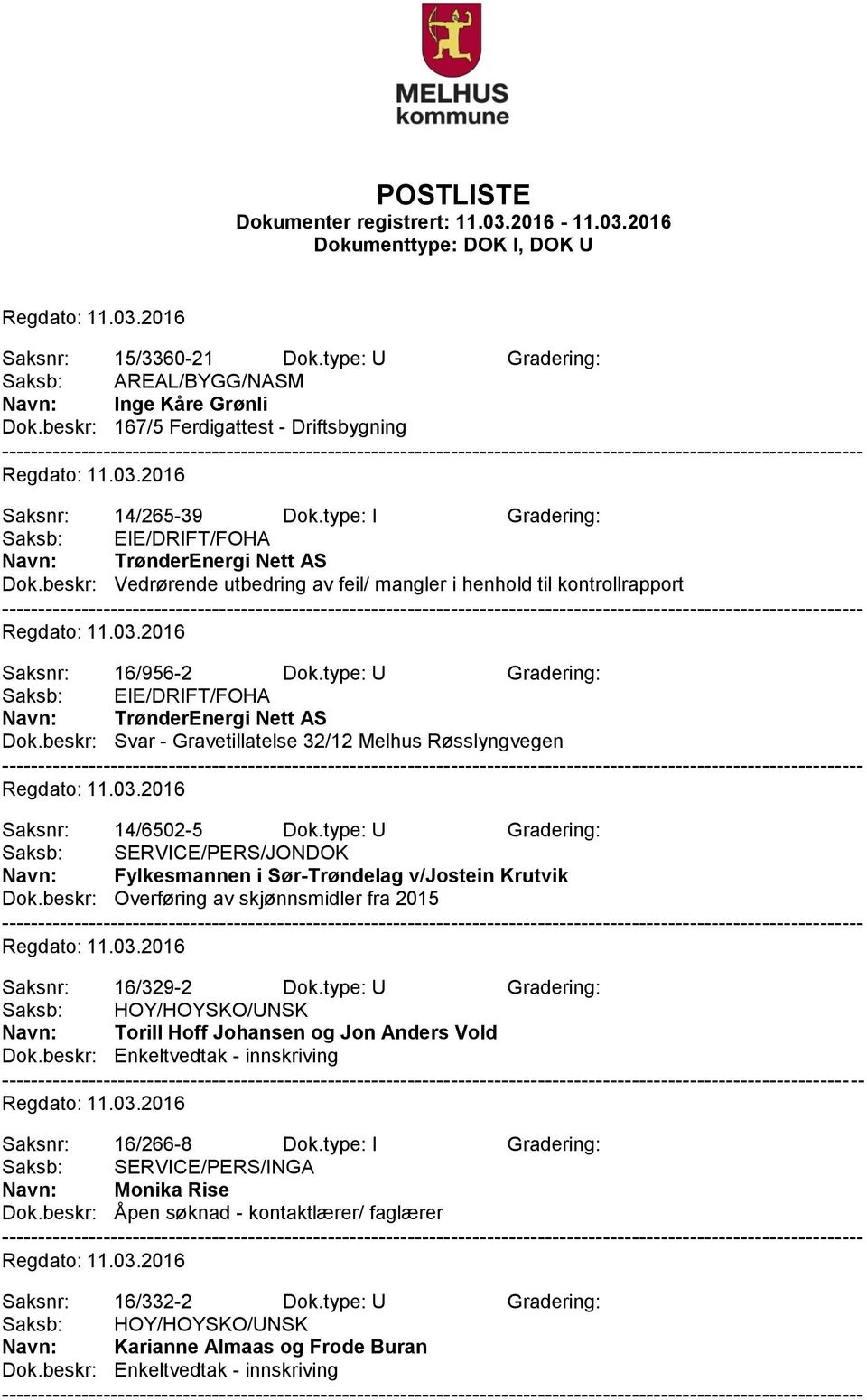 type: U Gradering: Saksb: EIE/DRIFT/FOHA Navn: TrønderEnergi Nett AS Dok.beskr: Svar - Gravetillatelse 32/12 Melhus Røsslyngvegen Saksnr: 14/6502-5 Dok.