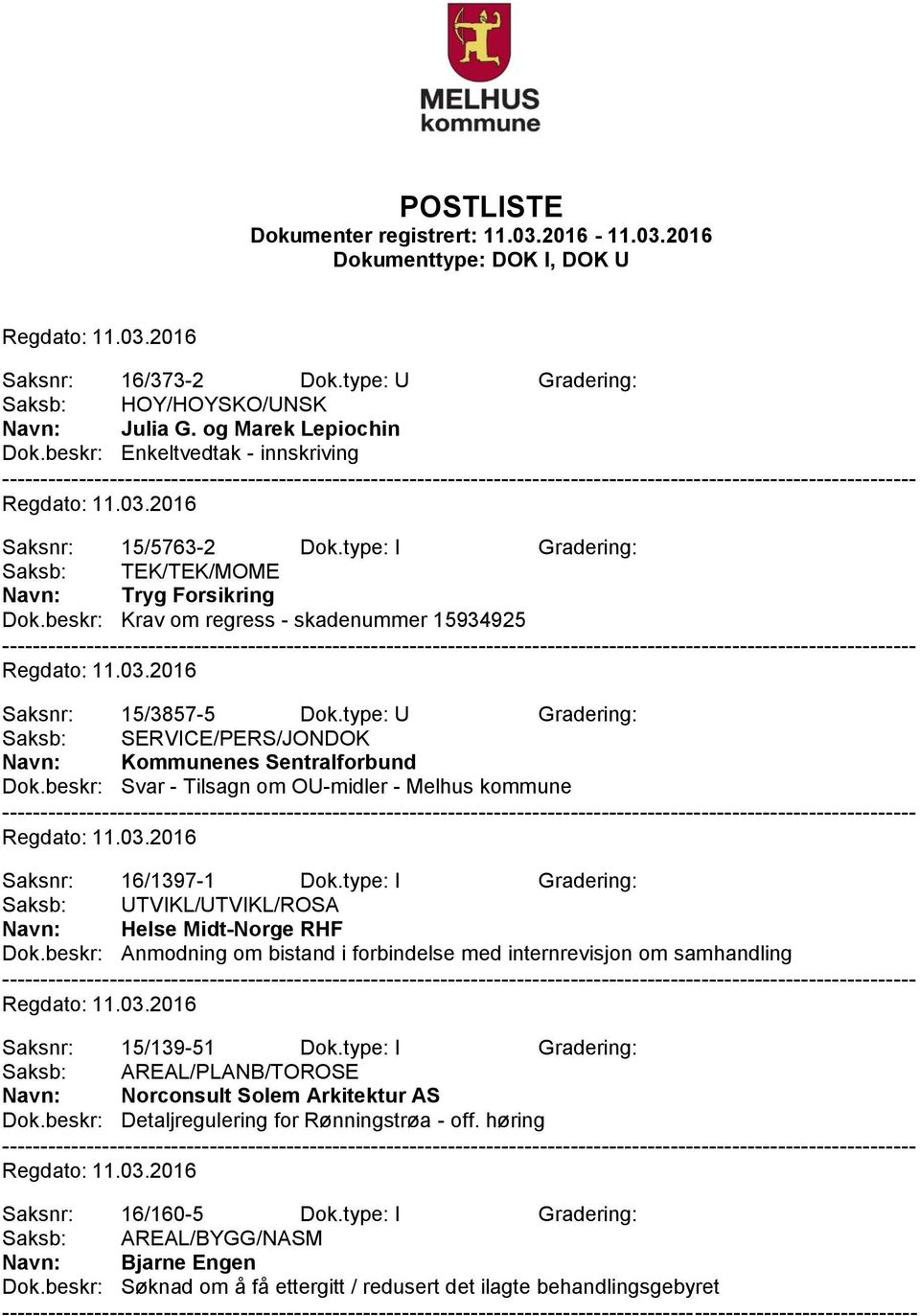 beskr: Svar - Tilsagn om OU-midler - Melhus kommune Saksnr: 16/1397-1 Dok.type: I Gradering: Saksb: UTVIKL/UTVIKL/ROSA Navn: Helse Midt-Norge RHF Dok.