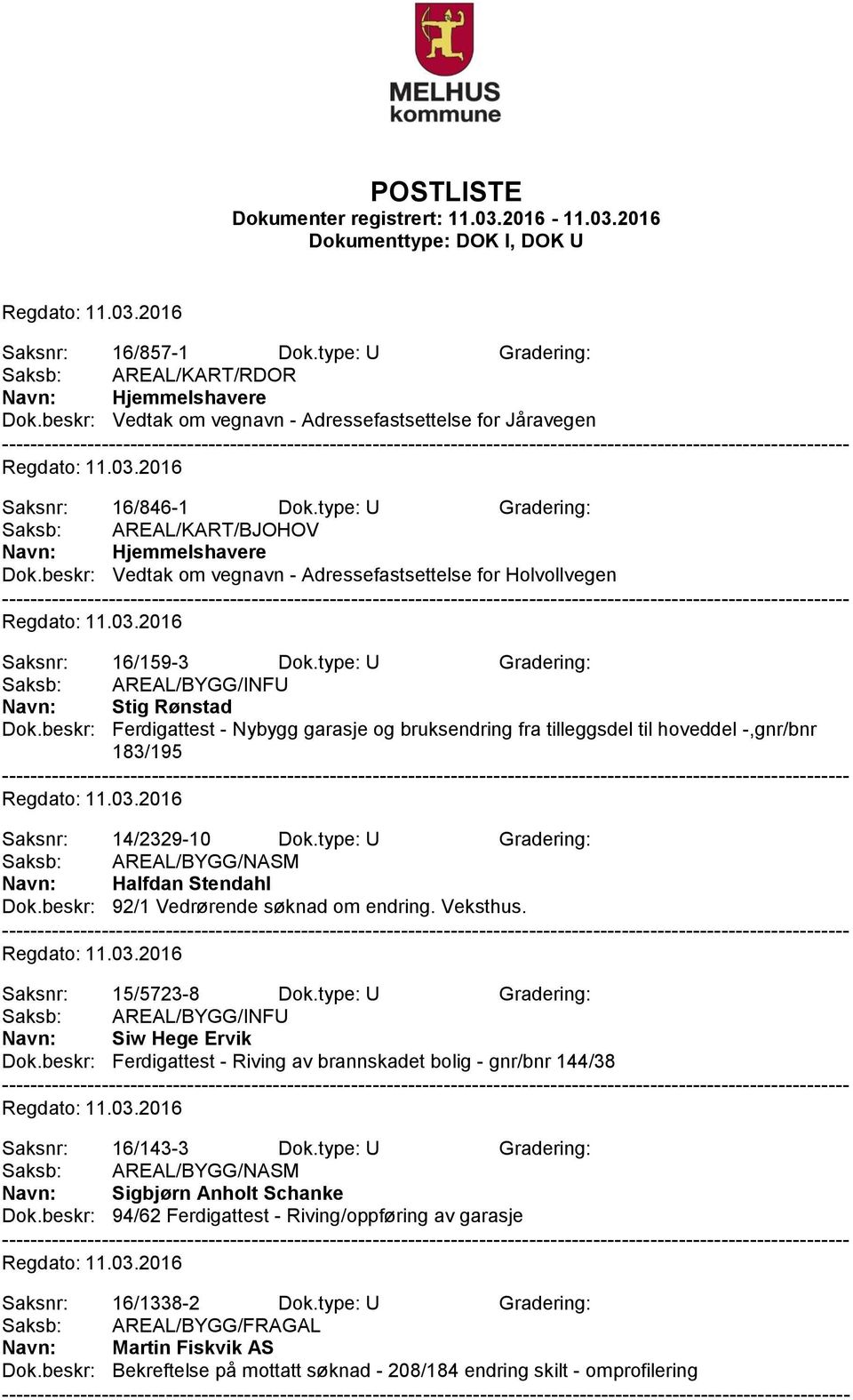 type: U Gradering: Saksb: AREAL/BYGG/INFU Navn: Stig Rønstad Dok.beskr: Ferdigattest - Nybygg garasje og bruksendring fra tilleggsdel til hoveddel -,gnr/bnr 183/195 Saksnr: 14/2329-10 Dok.