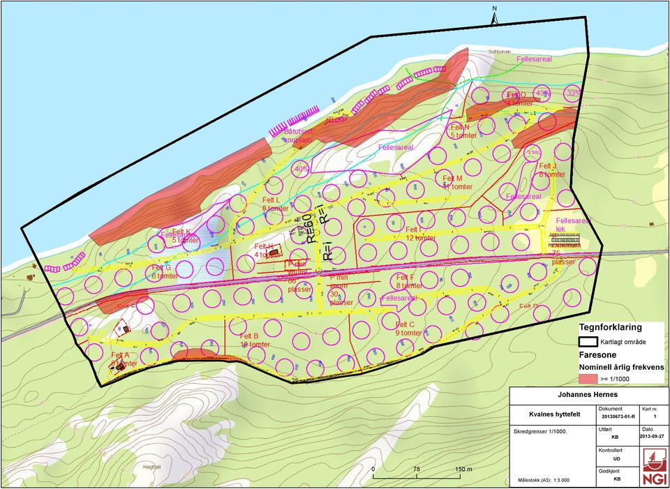 Skredgrenser 1/1000. Dokument 20130673-01-R Utført KB Kart nr.