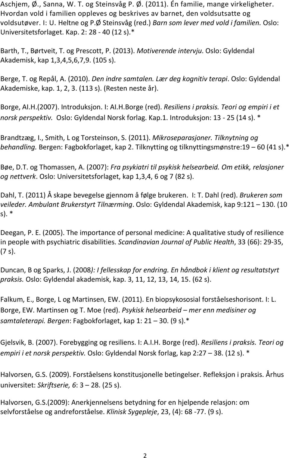 Berge,T.ogRepål,A.(2010).%Den%indre%samtalen.%Lær%deg%kognitiv%terapi.Oslo:Gyldendal Akademiske,kap.1,2,3.(113s).(Restennesteår). Borge,AI.H.(2007).Introduksjon.I:AI.H.Borge(red).Resiliens%i%praksis.
