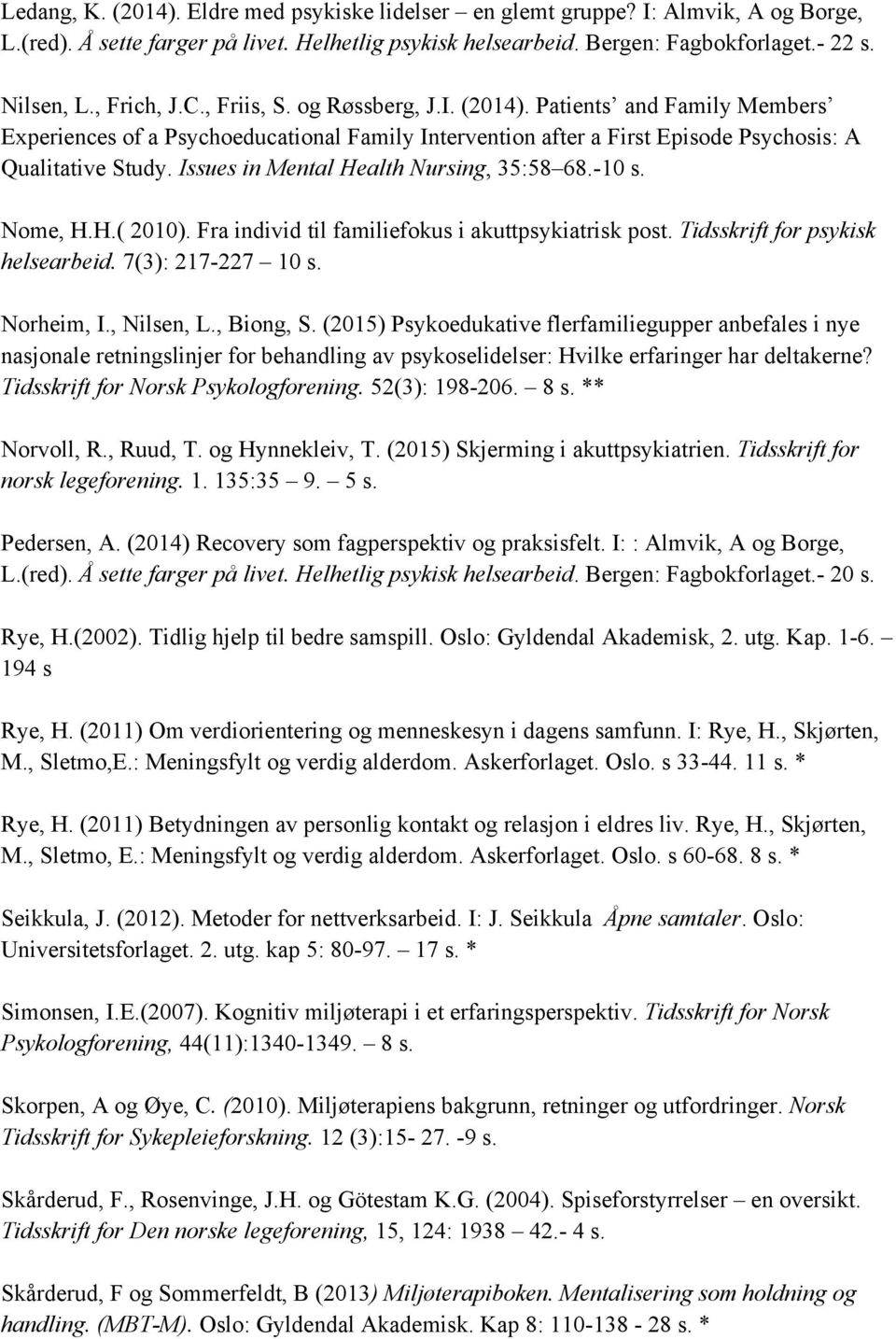 Issues in Mental Health Nursing, 35:58 68.-10 s. Nome, H.H.( 2010). Fra individ til familiefokus i akuttpsykiatrisk post. Tidsskrift for psykisk helsearbeid. 7(3): 217-227 10 s. Norheim, I.