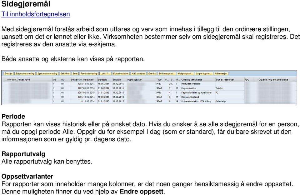 Rapporten kan vises historisk eller på ønsket dato. Hvis du ønsker å se alle sidegjøremål for en person, må du oppgi periode Alle.