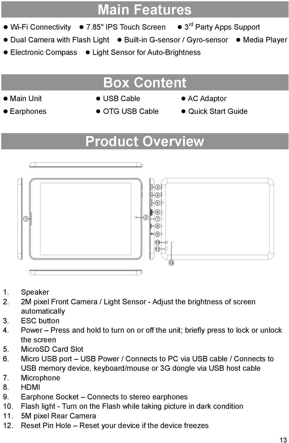 Cable AC Adaptor Earphones OTG USB Cable Quick Start Guide Product Overview 1. Speaker 2. 2M pixel Front Camera / Light Sensor - Adjust the brightness of screen automatically 3. ESC button 4.