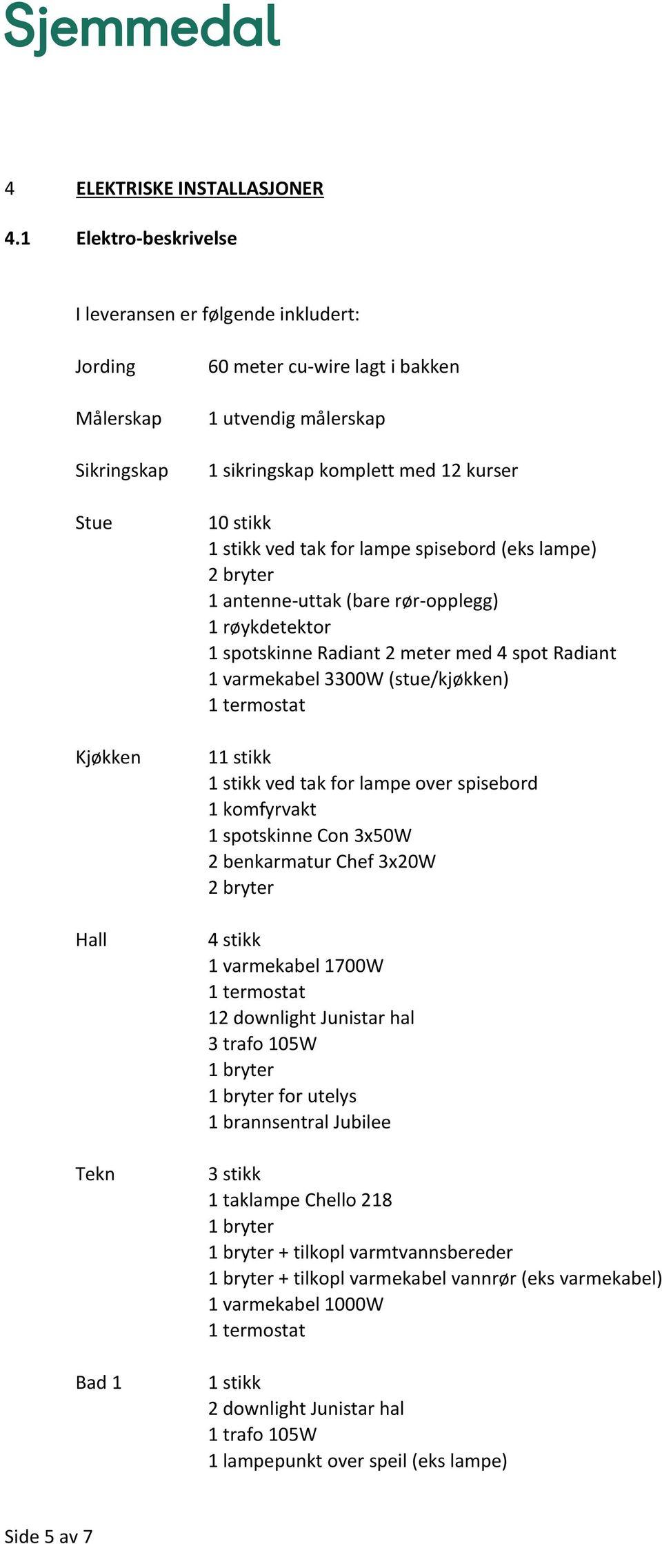 ved tak for lampe spisebord (eks lampe) 2 bryter 1 antenne-uttak (bare rør-opplegg) 1 røykdetektor 1 spotskinne Radiant 2 meter med 4 spot Radiant 1 varmekabel 3300W (stue/kjøkken) 1 termostat