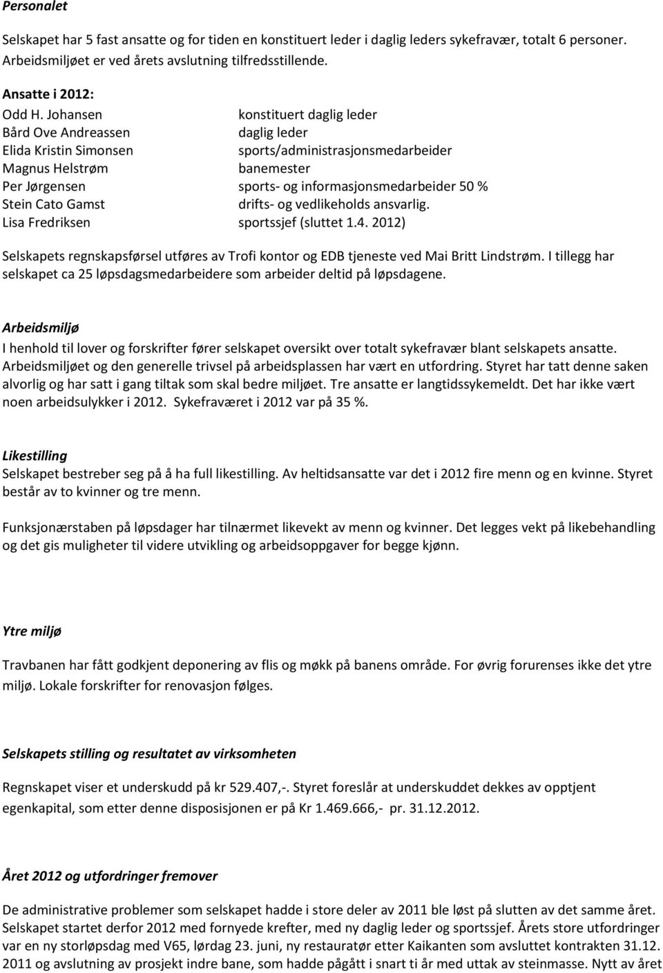 Johansen konstituert daglig leder Bård Ove Andreassen daglig leder Elida Kristin Simonsen sports/administrasjonsmedarbeider Magnus Helstrøm banemester Per Jørgensen sports- og informasjonsmedarbeider