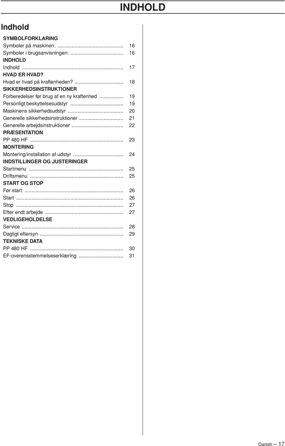 .. 21 Generelle arbejdsinstruktioner... 22 PRÆSENTATION PP 480 HF... 23 MONTERING Montering/installation af udstyr... 24 INDSTILLINGER OG JUSTERINGER Startmenu... 25 Driftsmenu.