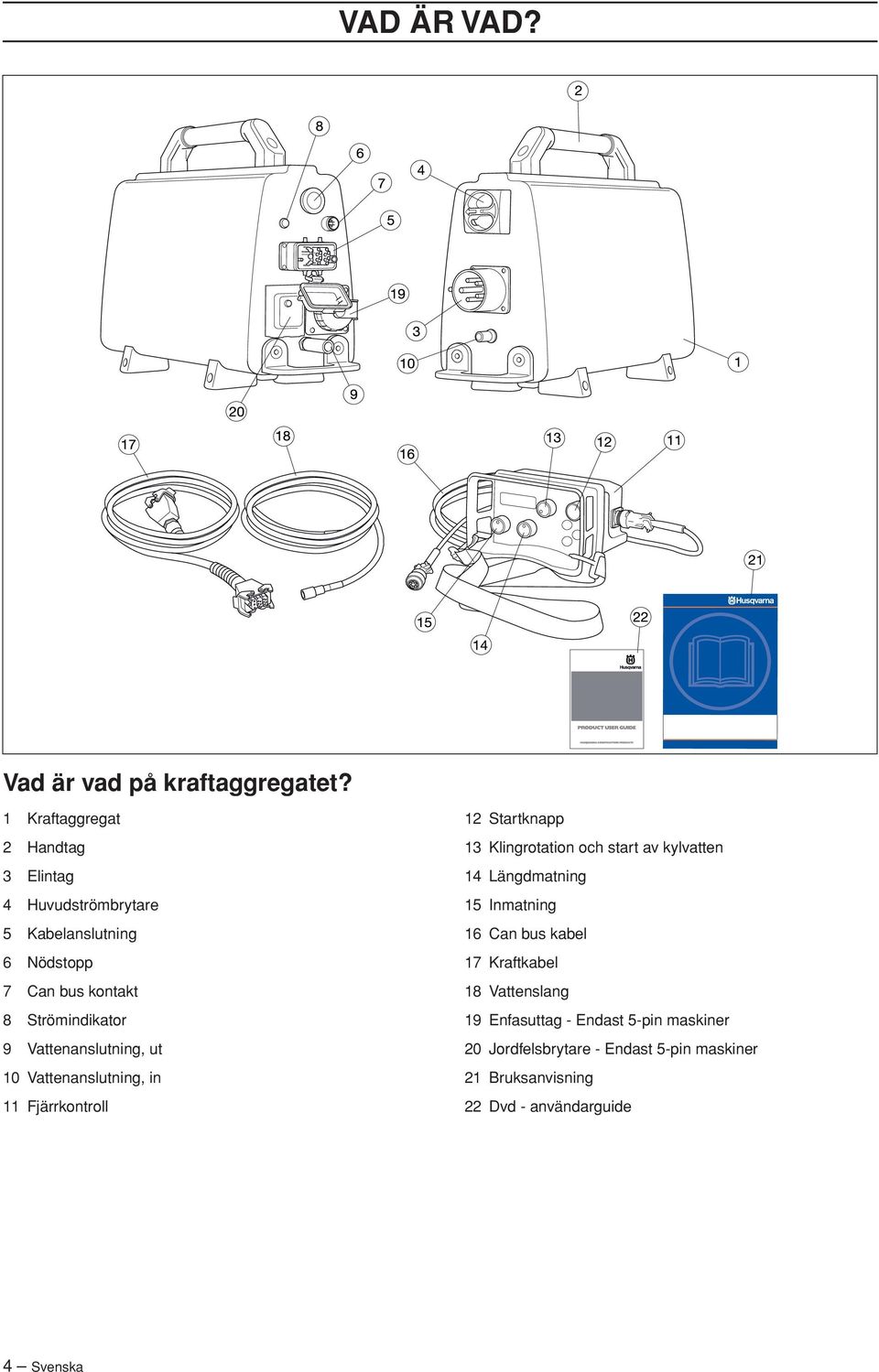 Vattenanslutning, ut 10 Vattenanslutning, in 11 Fjärrkontroll 12 Startknapp 13 Klingrotation och start av kylvatten 14