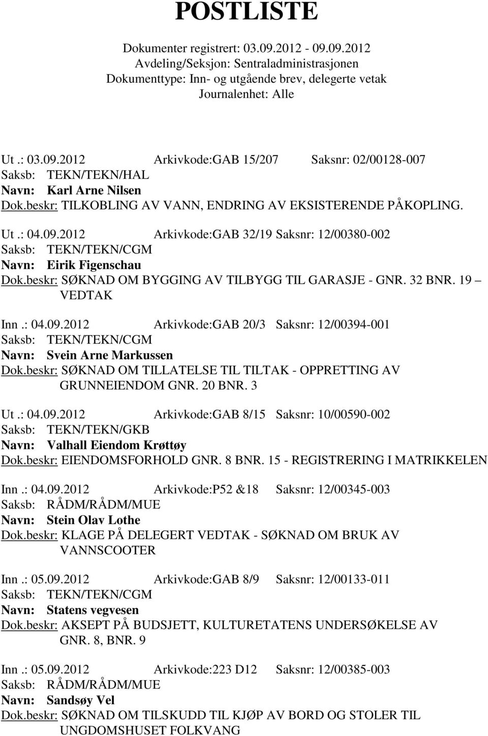 beskr: SØKNAD OM TILLATELSE TIL TILTAK - OPPRETTING AV GRUNNEIENDOM GNR. 20 BNR. 3 Ut.: 04.09.2012 Arkivkode:GAB 8/15 Saksnr: 10/00590-002 Saksb: TEKN/TEKN/GKB Navn: Valhall Eiendom Krøttøy Dok.