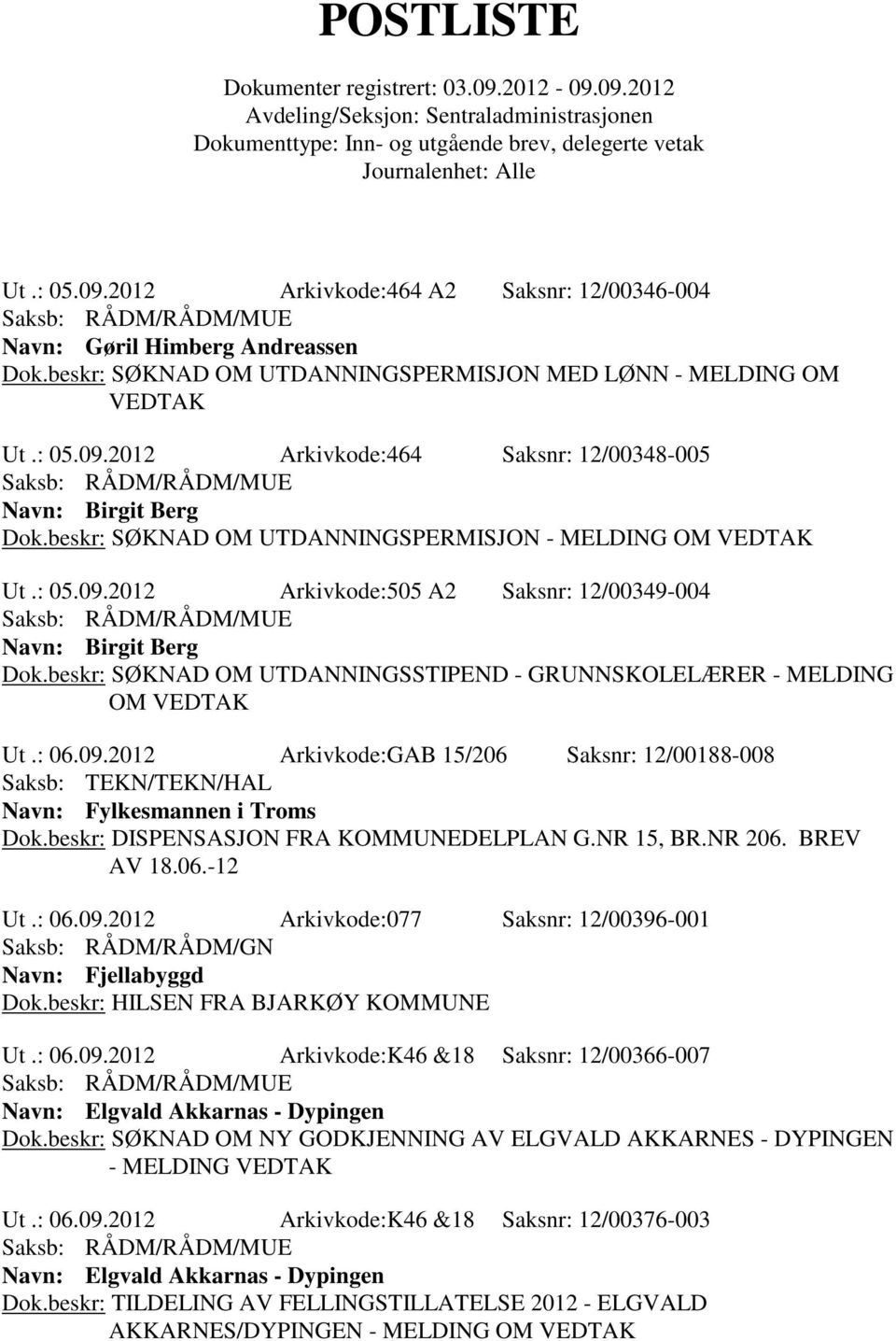 beskr: SØKNAD OM UTDANNINGSSTIPEND - GRUNNSKOLELÆRER - MELDING OM VEDTAK Ut.: 06.09.2012 Arkivkode:GAB 15/206 Saksnr: 12/00188-008 Navn: Fylkesmannen i Troms Dok.