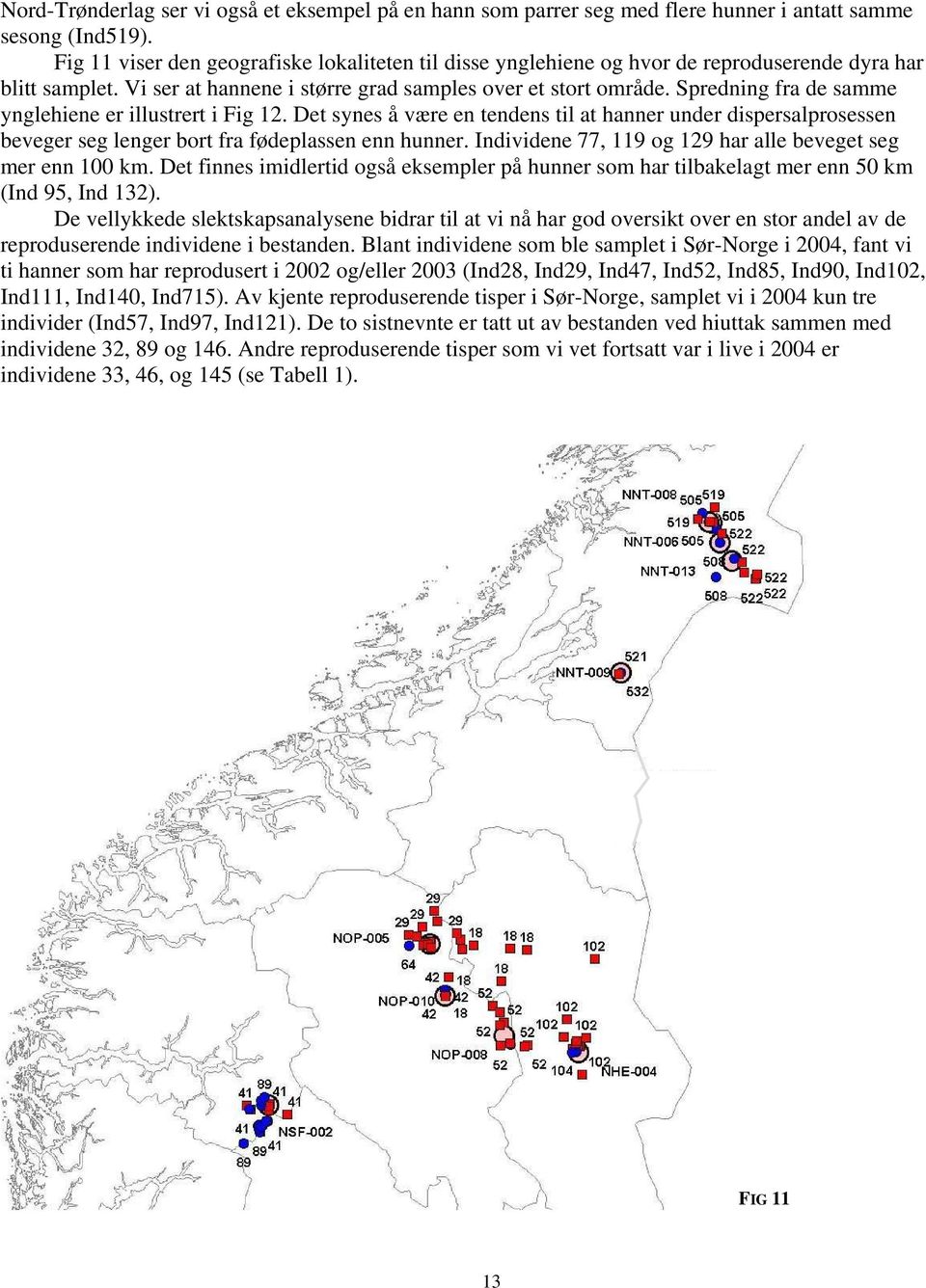 Spredning fra de samme ynglehiene er illustrert i Fig 12. Det synes å være en tendens til at hanner under dispersalprosessen beveger seg lenger bort fra fødeplassen enn hunner.