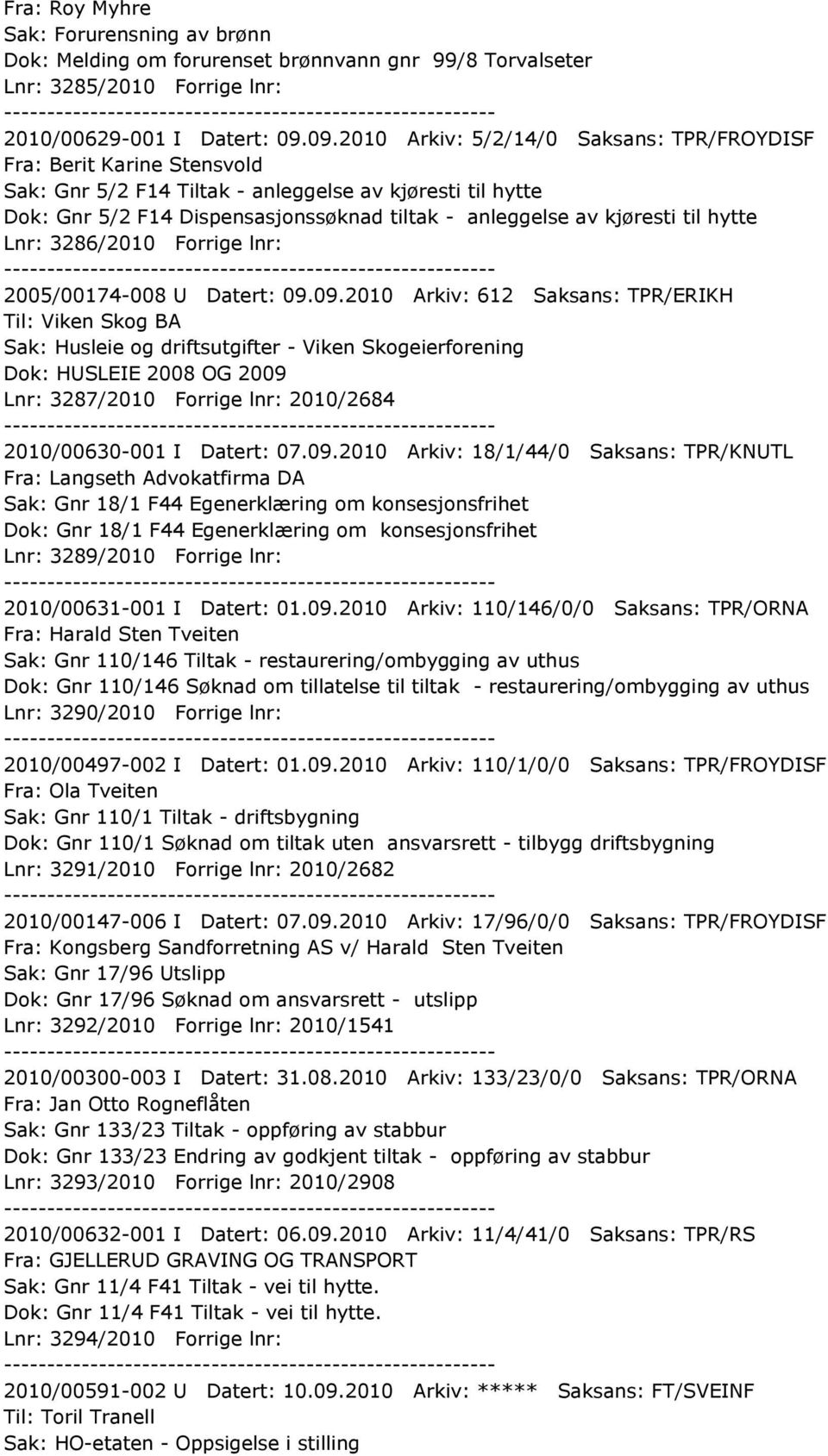 kjøresti til hytte Lnr: 3286/2010 Forrige lnr: 2005/00174-008 U Datert: 09.