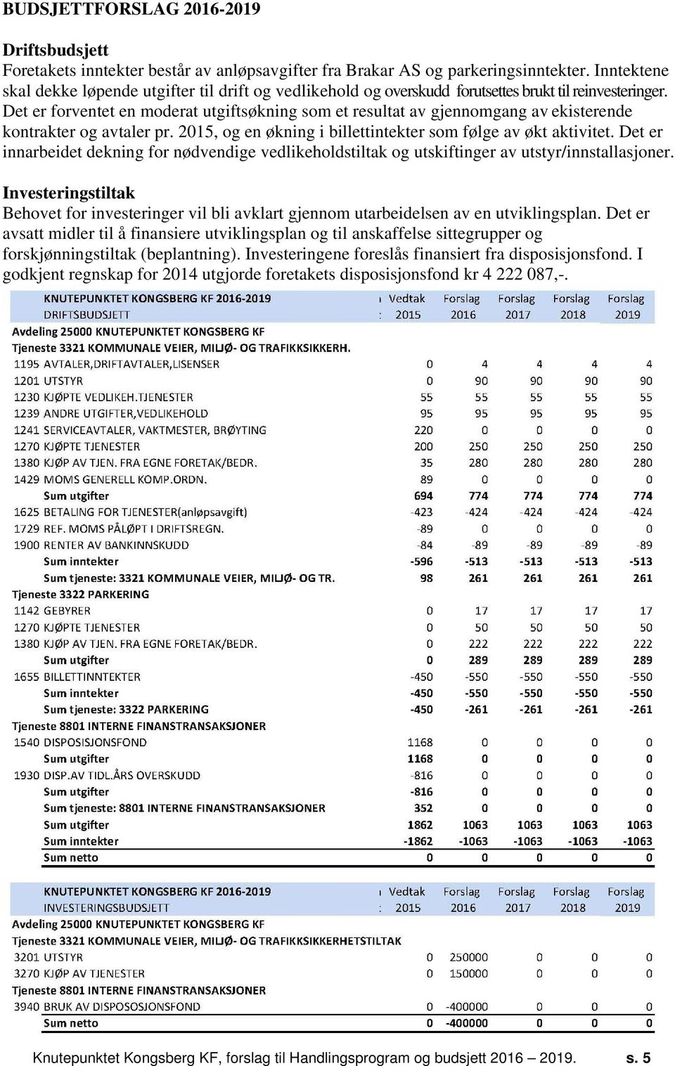 Det er forventet en moderat utgiftsøkning som et resultat av gjennomgang av ekisterende kontrakter og avtaler pr. 2015, og en økning i billettintekter som følge av økt aktivitet.