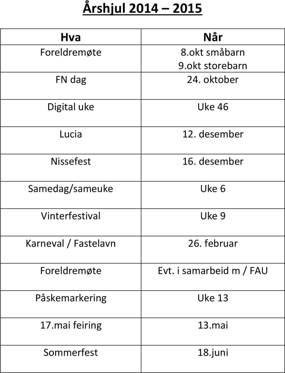 desember Samedag/sameuke Uke 6 Vinterfestival Uke 9 Karneval / Fastelavn