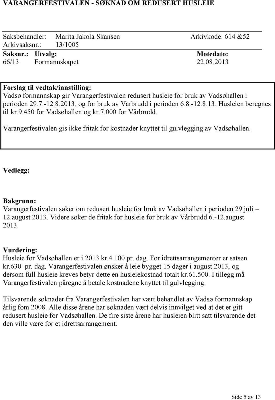 9.450 for Vadsøhallen og kr.7.000 for Vårbrudd. Varangerfestivalen gis ikke fritak for kostnader knyttet til gulvlegging av Vadsøhallen.