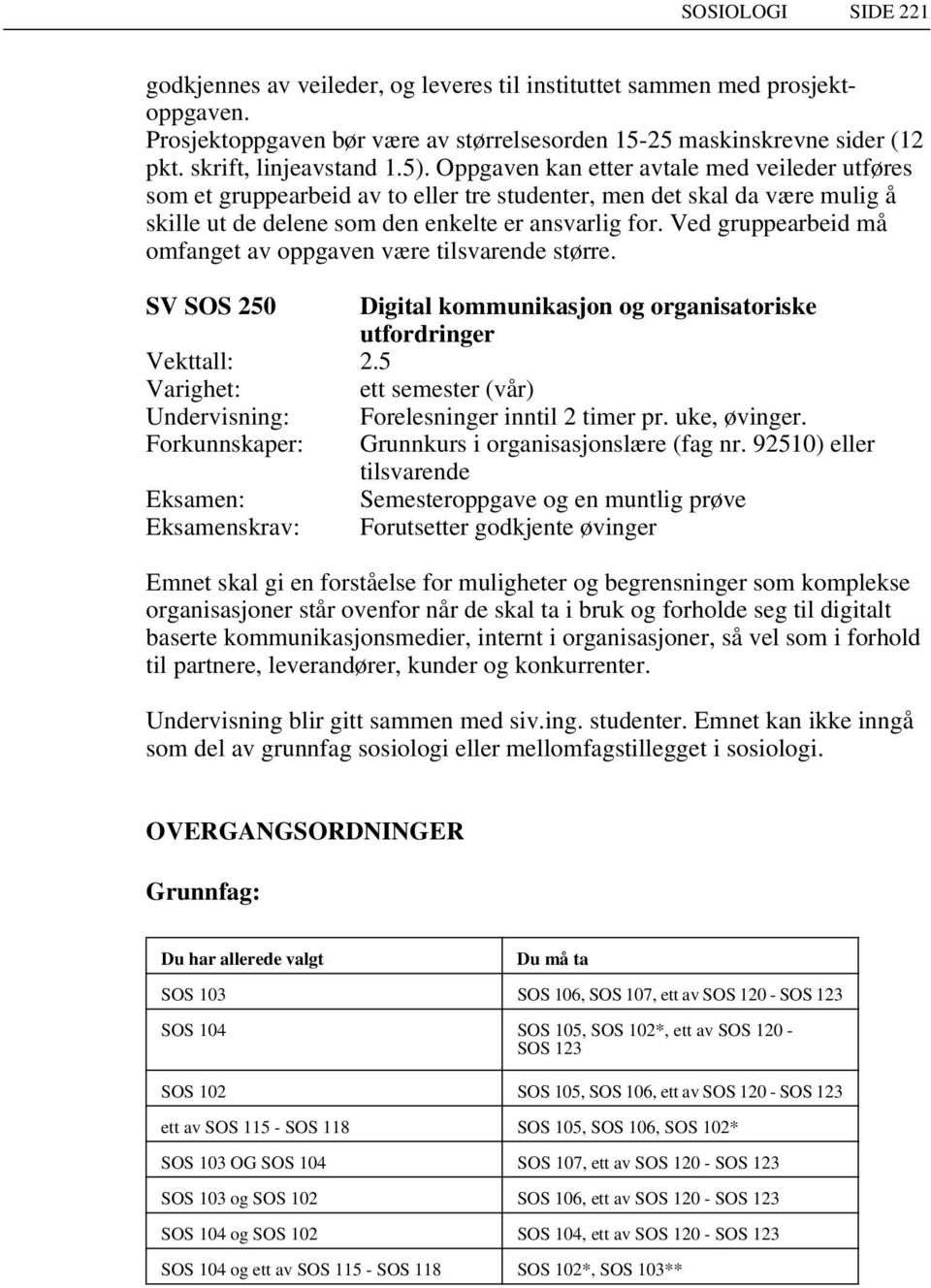 Ved gruppearbeid må omfanget av oppgaven være tilsvarende større. SV SOS 250 Digital kommunikasjon og organisatoriske utfordringer Vekttall: 2.