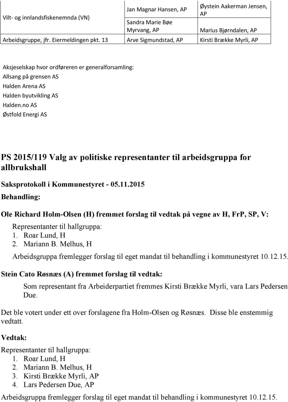 no AS Østfold Energi AS PS 2015/119 Valg av politiske representanter til arbeidsgruppa for allbrukshall Ole Richard Holm-Olsen (H) fremmet forslag til vedtak på vegne av H, FrP, SP, V: Representanter