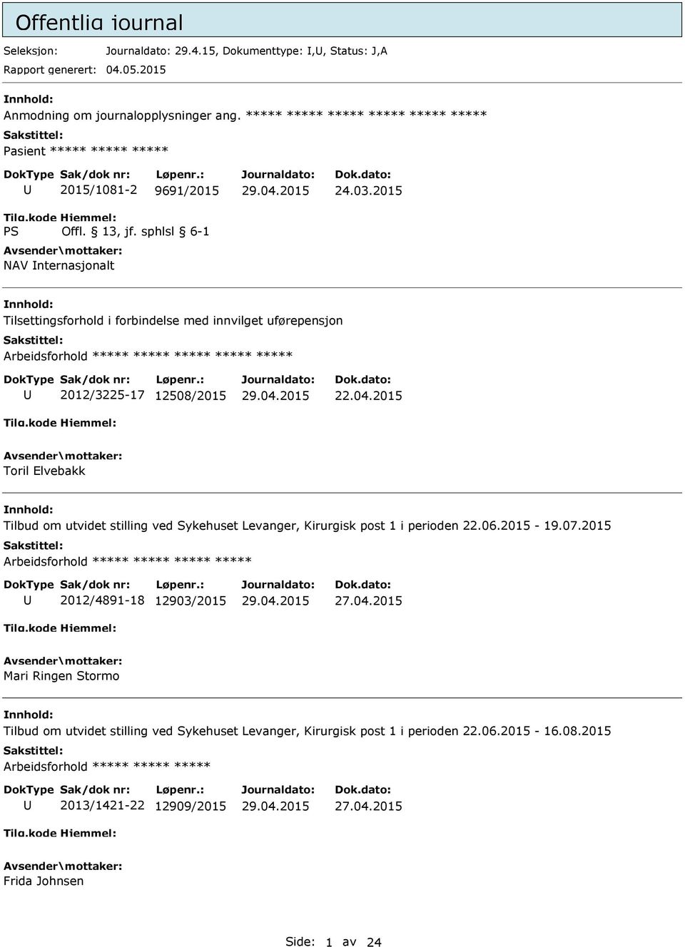 2015 Tilsettingsforhold i forbindelse med innvilget uførepensjon Arbeidsforhold ***** ***** ***** ***** ***** 2012/3225-17 12508/2015 22.04.