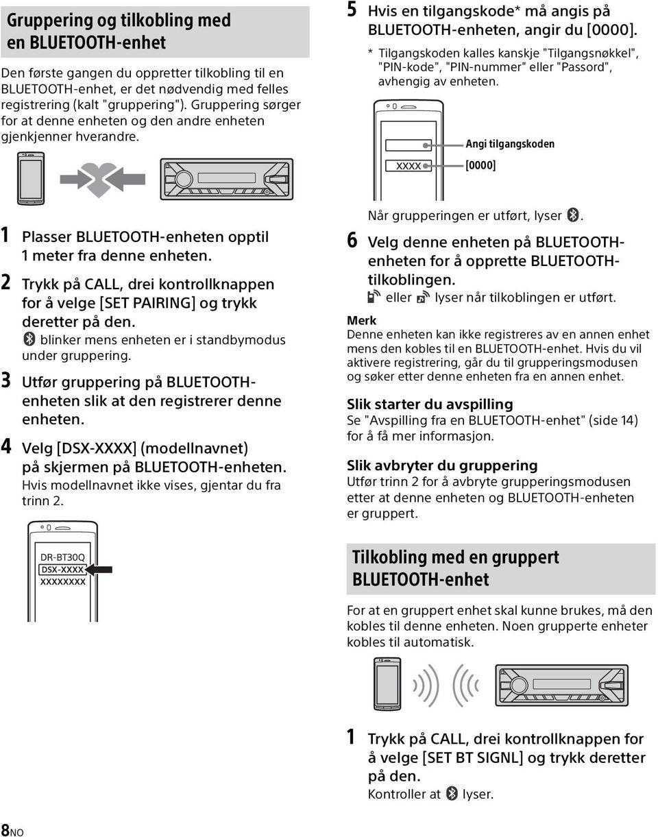 * Tilgangskoden kalles kanskje "Tilgangsnøkkel", "PIN-kode", "PIN-nummer" eller "Passord", avhengig av enheten. Angi tilgangskoden [0000] 1 Plasser BLUETOOTH-enheten opptil 1 meter fra denne enheten.