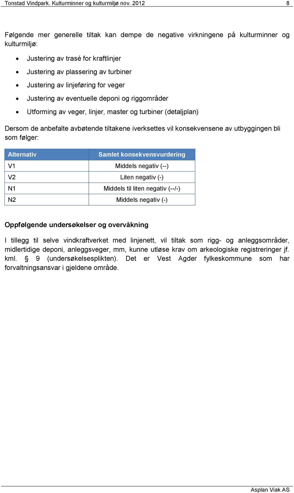 for veger Justering av eventuelle deponi og riggområder Utforming av veger, linjer, master og turbiner (detaljplan) Dersom de anbefalte avbøtende tiltakene iverksettes vil konsekvensene av