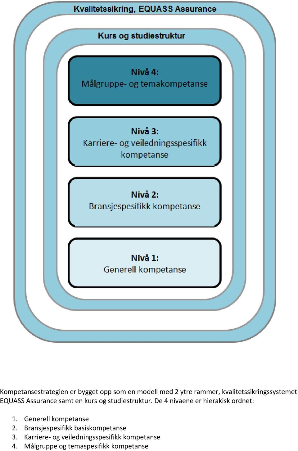 De 4 nivåene er hierakisk ordnet: 1. Generell kompetanse 2.