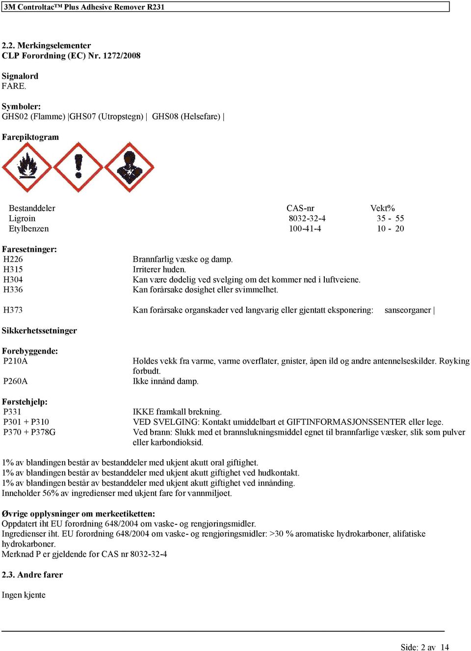 væske og damp. Irriterer huden. Kan være dødelig ved svelging om det kommer ned i luftveiene. Kan forårsake døsighet eller svimmelhet.