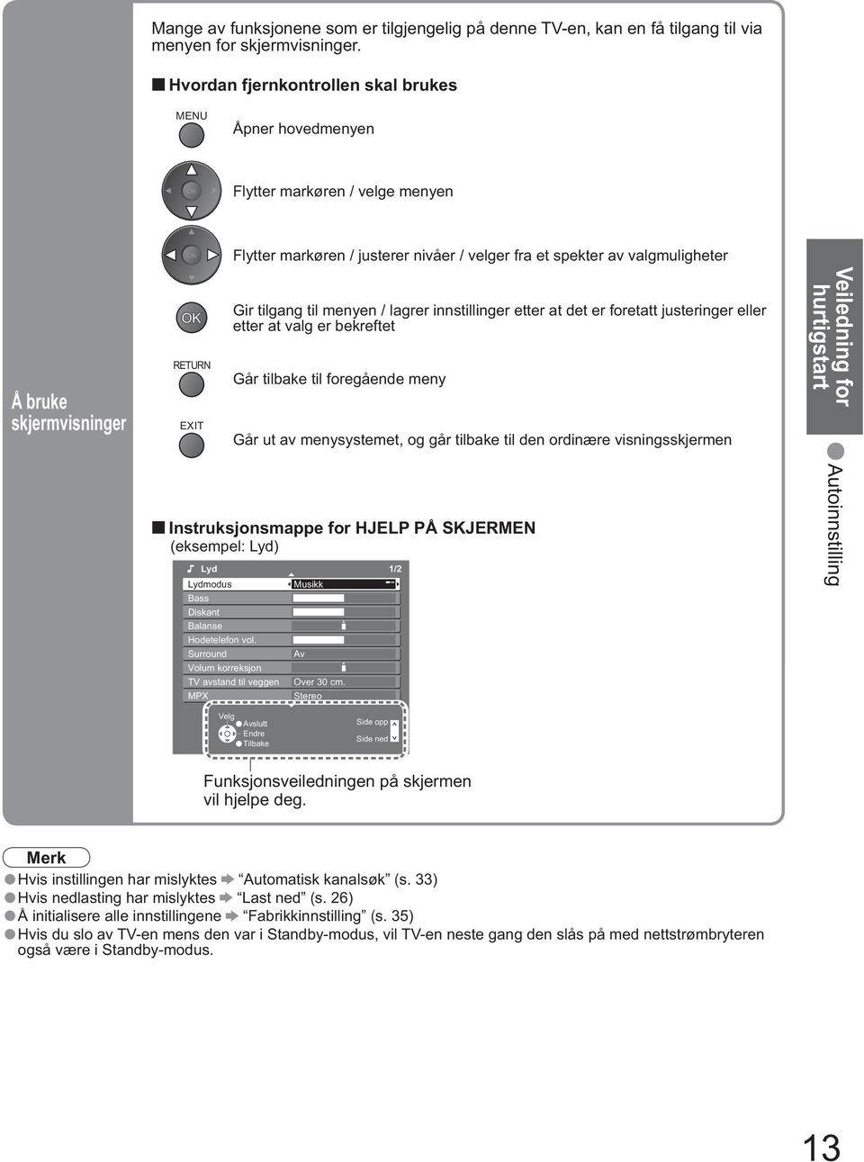 tilgang til menyen / lagrer innstillinger etter at det er foretatt justeringer eller etter at valg er bekreftet Går tilbake til foregående meny Går ut av menysystemet, og går tilbake til den ordinære