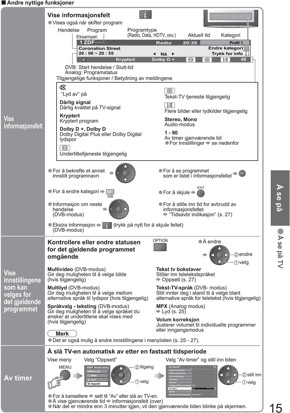 Programstatus Tilgjengelige funksjoner / Betydning av meldingene Vise informasjonsfelt Vise innstillingene som kan es for det gjeldende programmet Av timer Lyd av på Dårlig signal Dårlig kvalitet på