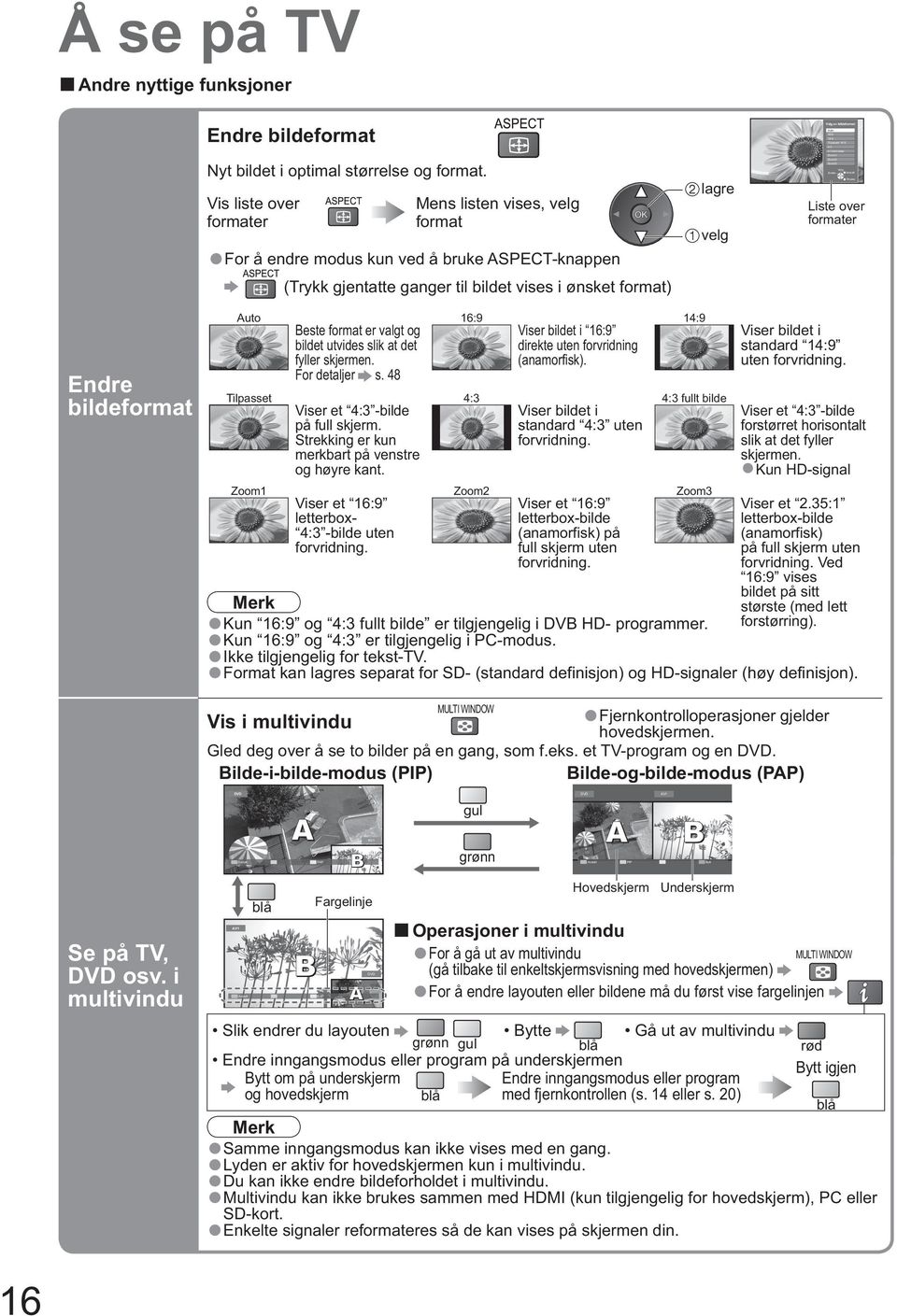 Tilpasset 16:9 4:3 4:3 fullt bilde Zoom1 Zoom2 Zoom3 Velg Endre Avslutt Tilbake Liste over formater Endre bildeformat Auto 16:9 14:9 Beste format er valgt og Viser bildet i 16:9 bildet utvides slik