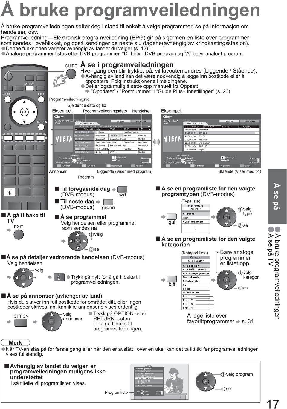 Denne funksjonen varierer avhengig av landet du er (s. 12). Analoge programmer listes etter DVB-programmer. D betyr DVB-program og A betyr analogt program.