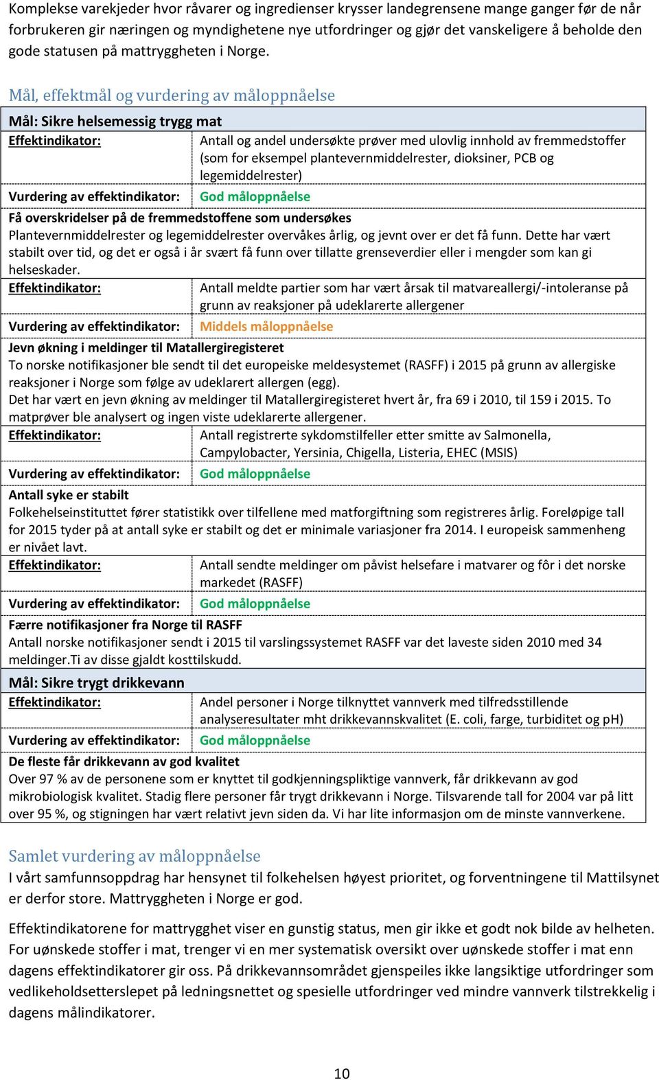 Mål, effektmål og vurdering av måloppnåelse Mål: Sikre helsemessig trygg mat Effektindikator: Antall og andel undersøkte prøver med ulovlig innhold av fremmedstoffer (som for eksempel