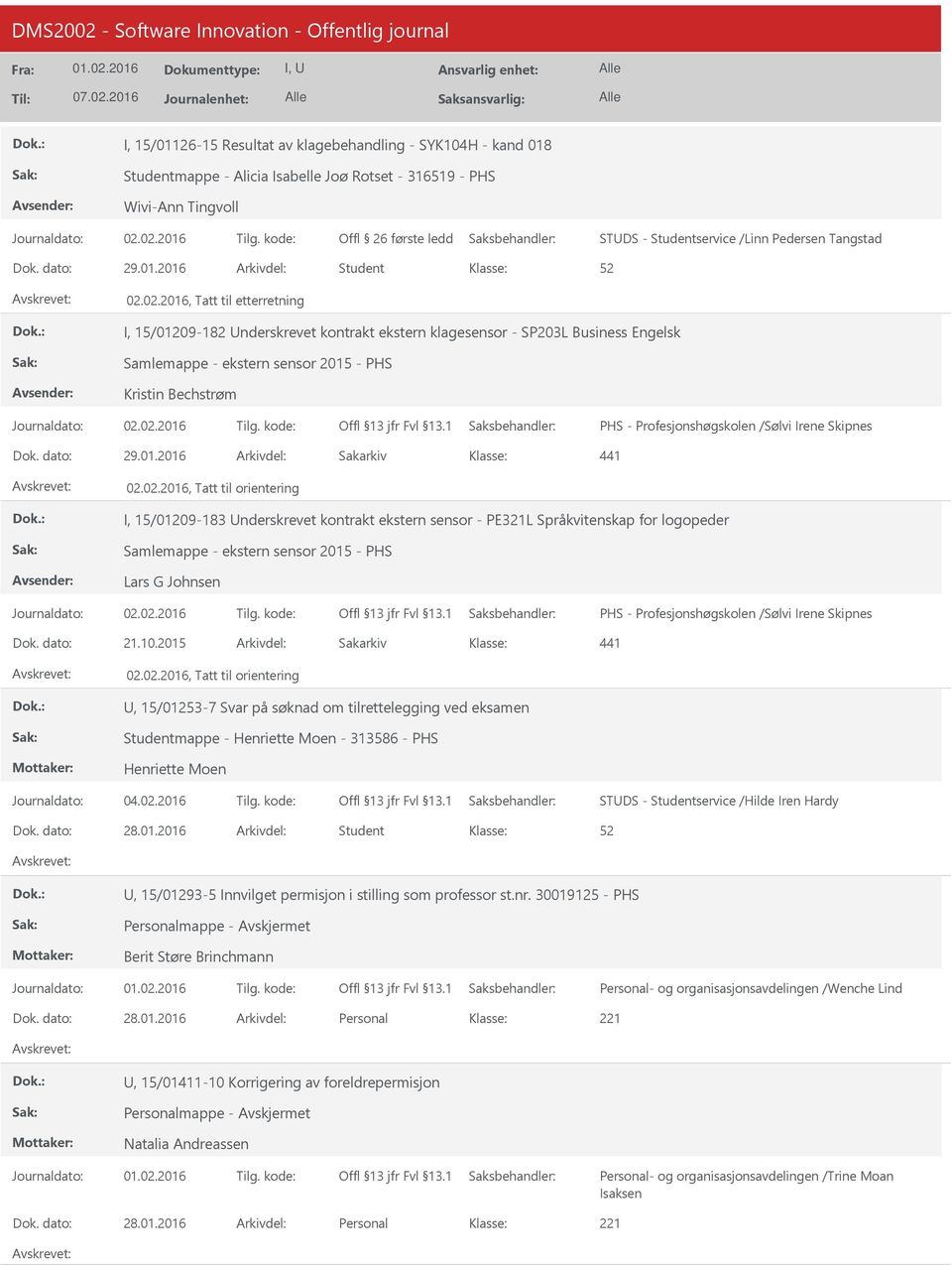 02.2016, Tatt til etterretning I, 15/01209-182 nderskrevet kontrakt ekstern klagesensor - SP203L Business Engelsk Samlemappe - ekstern sensor 2015 - PHS Kristin Bechstrøm PHS - Profesjonshøgskolen