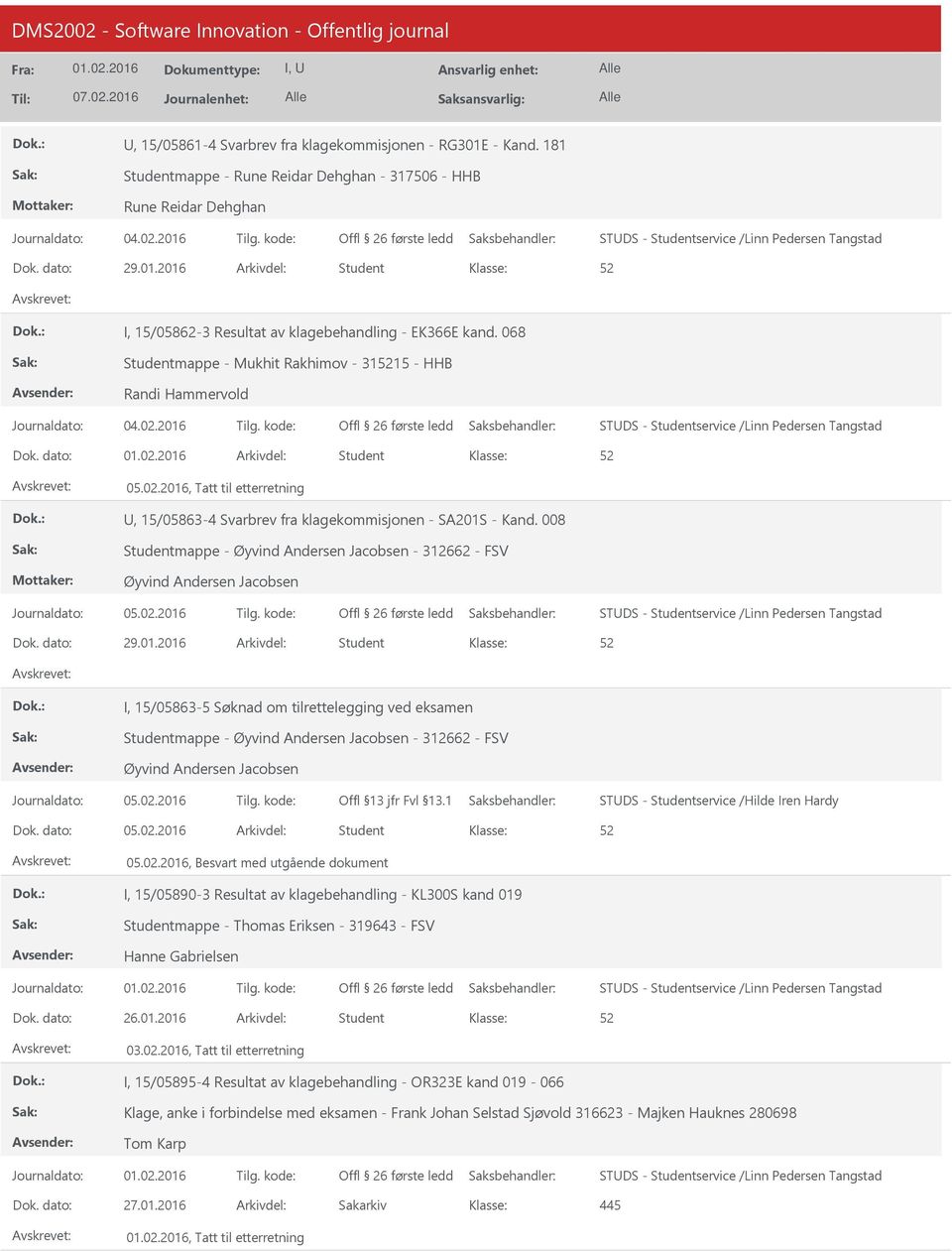 2016, Tatt til etterretning, 15/05863-4 Svarbrev fra klagekommisjonen - SA201S - Kand.