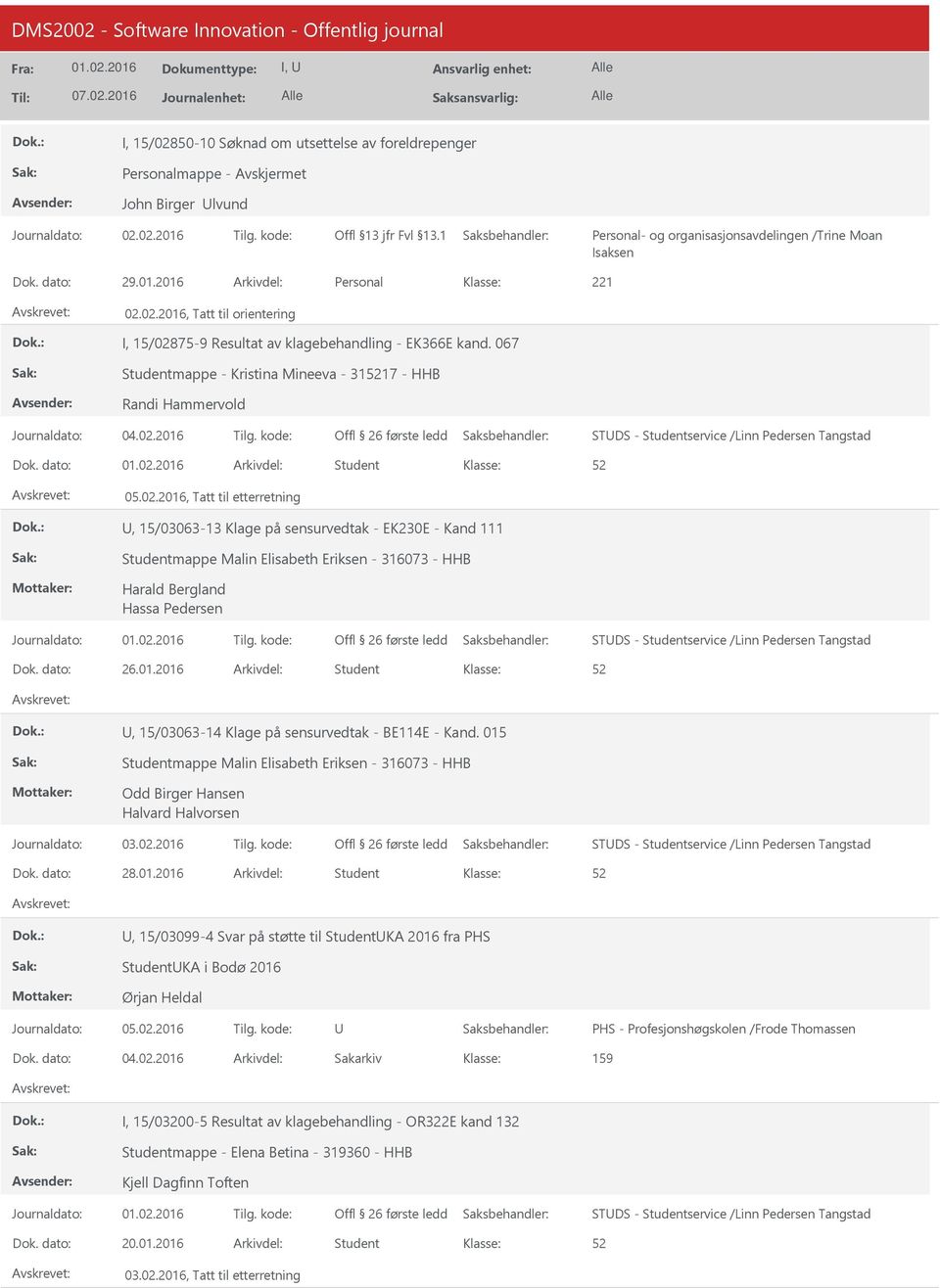 2016, Tatt til etterretning, 15/03063-13 Klage på sensurvedtak - EK230E - Kand 111 Studentmappe Malin Elisabeth Eriksen - 316073 - HHB Harald Bergland Hassa Pedersen STDS - Studentservice /Linn