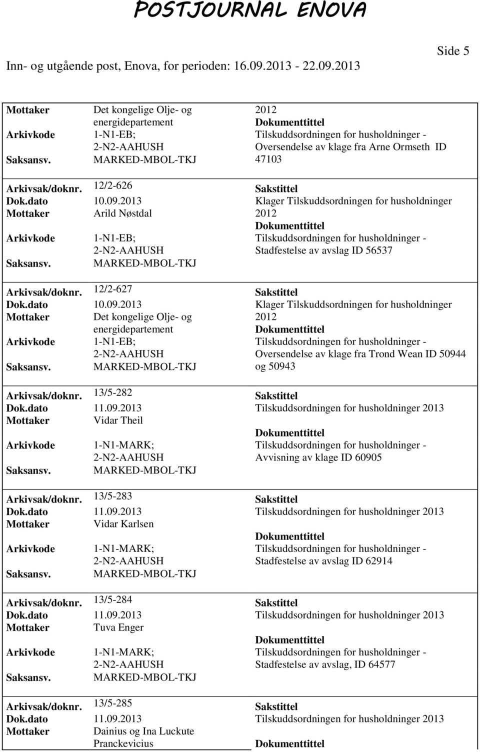 2013 Klager Tilskuddsordningen for husholdninger Mottaker Det kongelige Olje- og 2012 Arkivkode 1-N1-EB; MARKED-MBOL-TKJ Oversendelse av klage fra Trond Wean ID 50944 og 50943 Arkivsak/doknr.