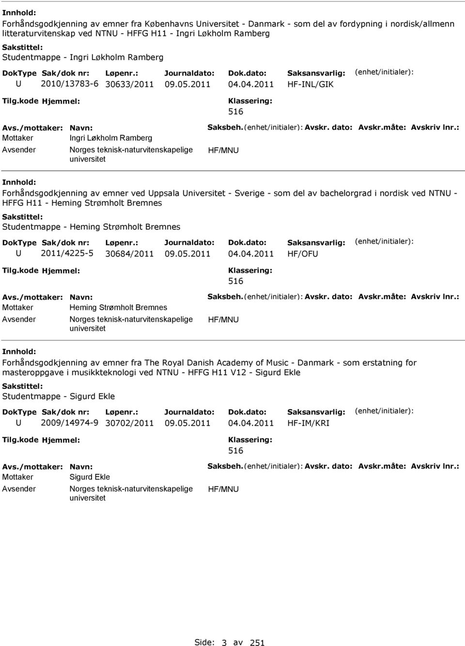 04.2011 HF-L/GK 516 Mottaker ngri Løkholm Ramberg Avsender orges teknisk-naturvitenskapelige HF/MU Forhåndsgodkjenning av emner ved Uppsala Universitet - Sverige - som del av bachelorgrad i nordisk