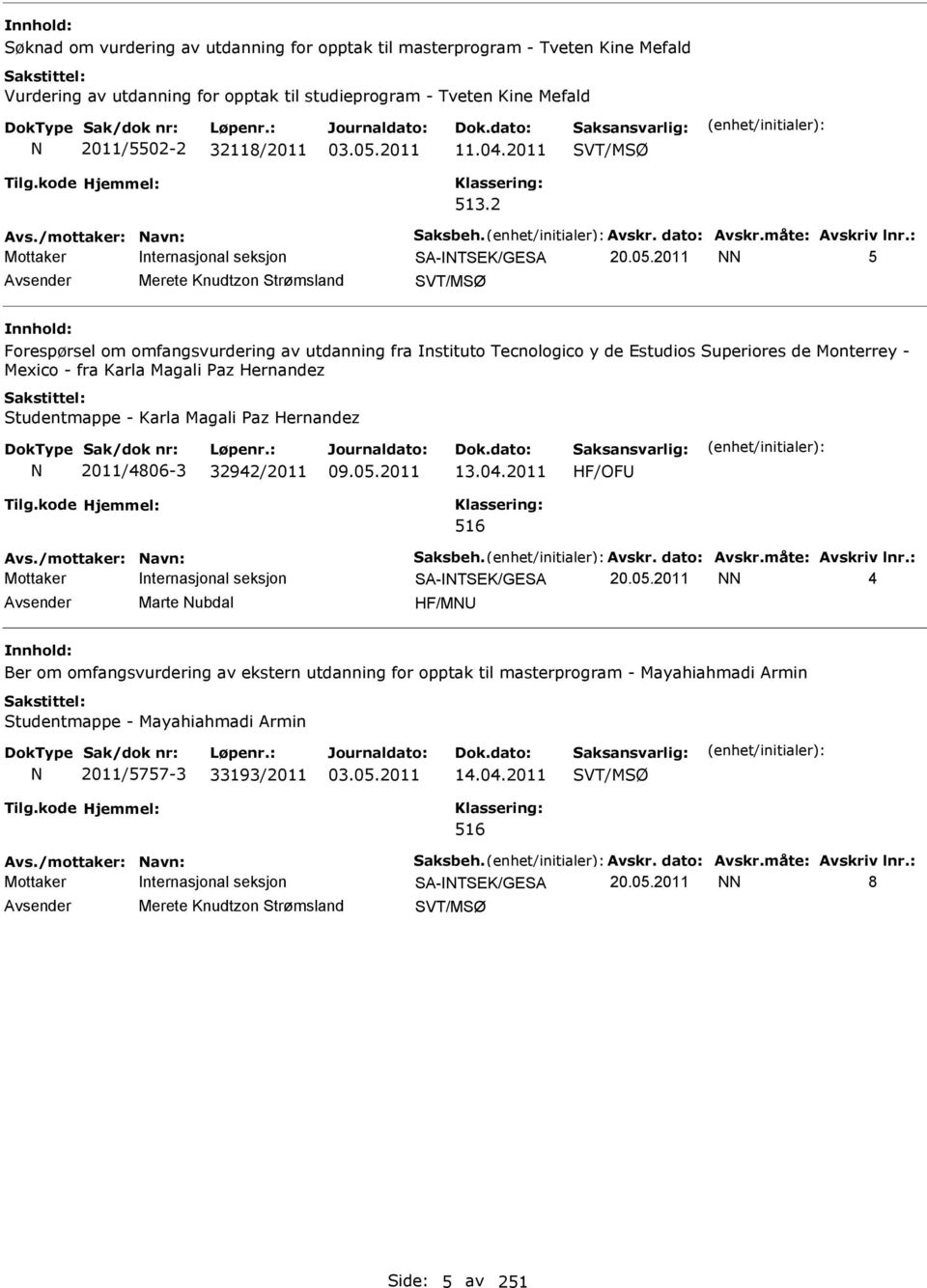 2011 5 Avsender Merete Knudtzon Strømsland SVT/MSØ Forespørsel om omfangsvurdering av utdanning fra nstituto Tecnologico y de Estudios Superiores de Monterrey - Mexico - fra Karla Magali Paz