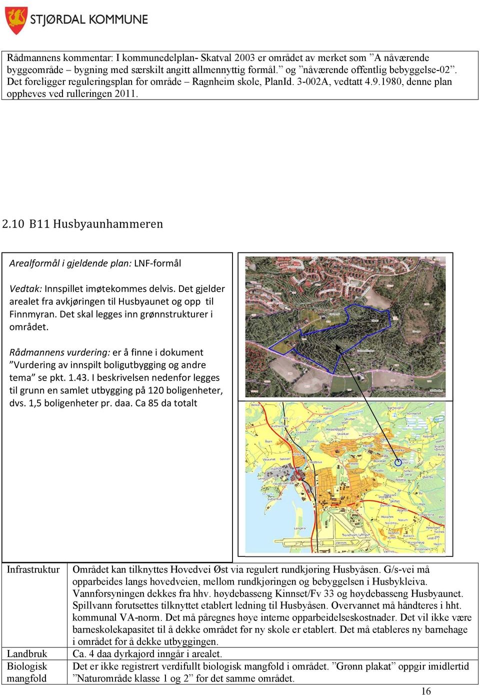 11. 2.10 B11 Husbyaunhammeren Arealformål i gjeldende plan: LNF-formål Forslag: Vedtak: Innspillet imøtekommes delvis.