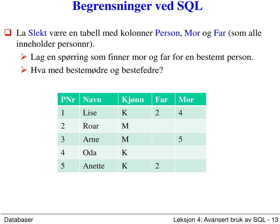 Lag en spørring som finner mor og far for en bestemt person.