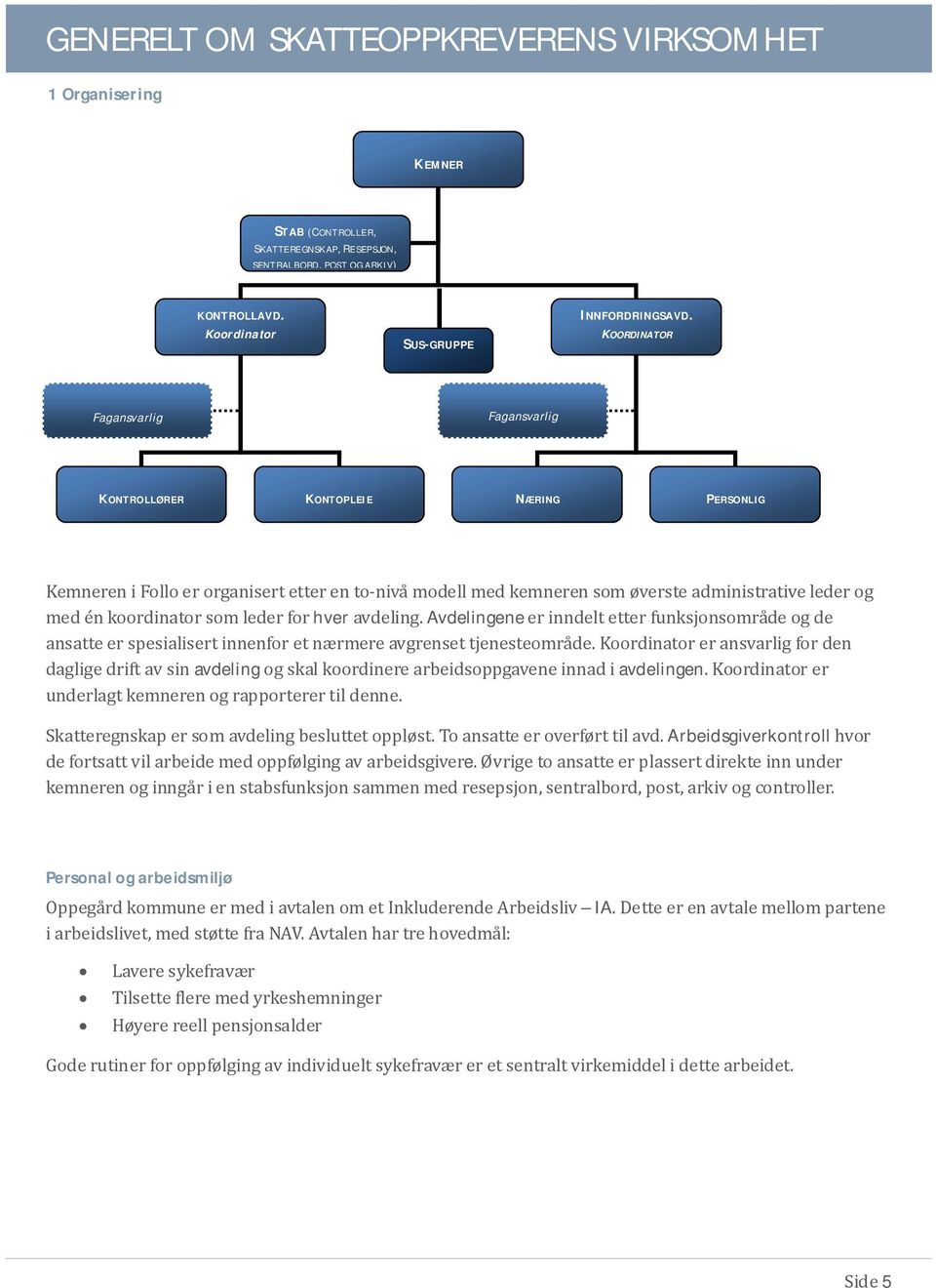 koordinator som leder for hver avdeling. Avdelingene er inndelt etter funksjonsomra de og de ansatte er spesialisert innenfor et nærmere avgrenset tjenesteomra de.