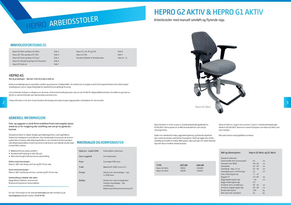 Synkron Side 7 Hepro S1, S6, S9 og S10 Side 8 Hepro E1 Kilo Side 9 Standard tilbehør til Arbeidsstoler Side 10-11 HEPRO AS Norsk produksjon det har vi lov til å være stolt av.
